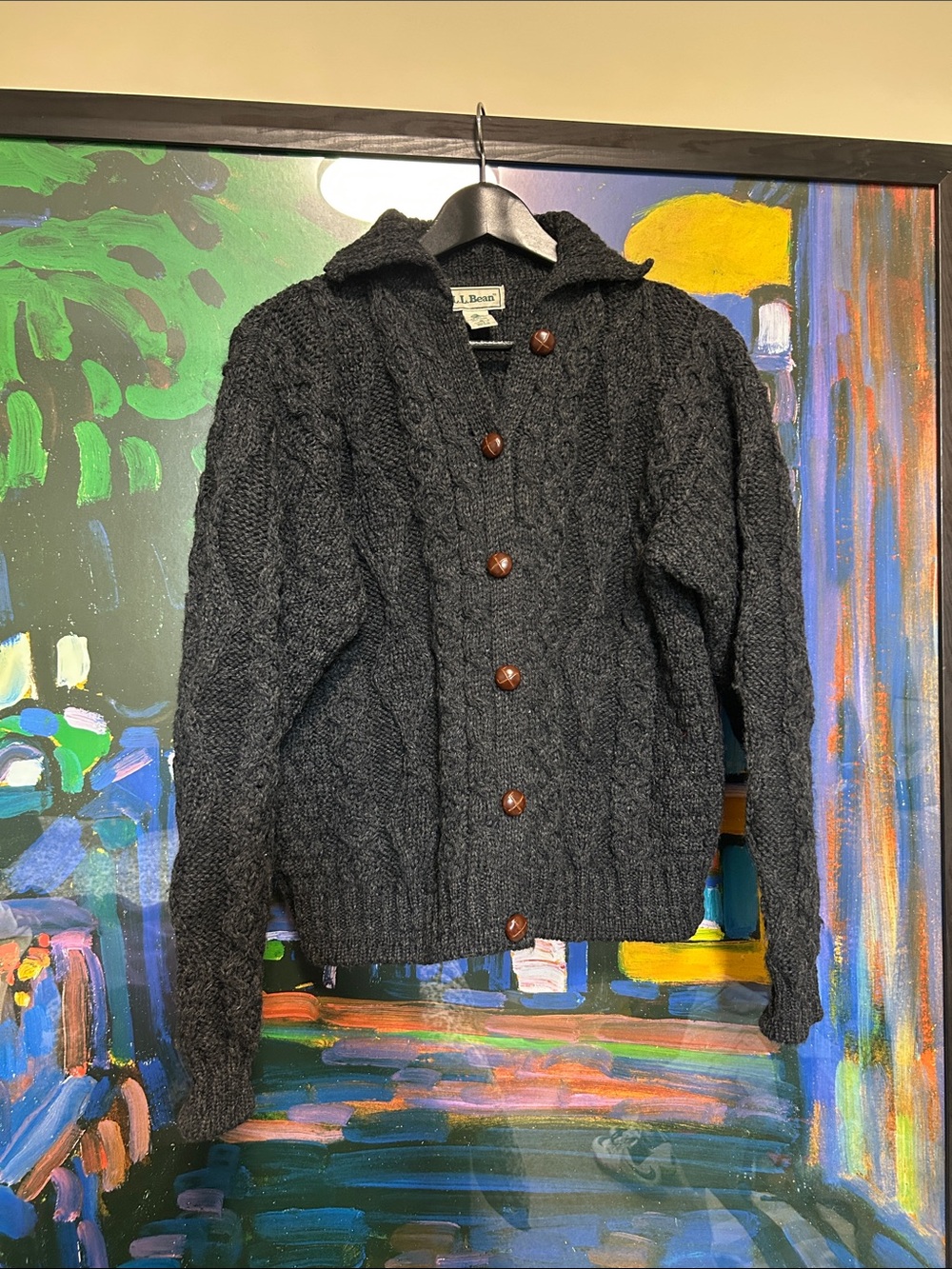 L.L. Bean Dark Gray Cable-Knit Button Cardigan 100% wool made in Ireland